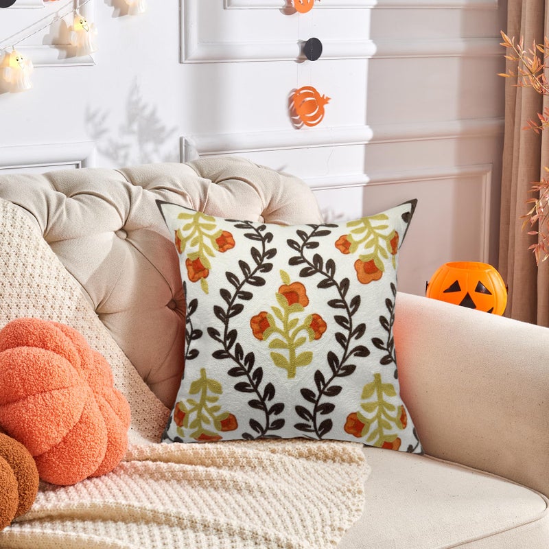 Alysheer Floral Embroidered Fall Decorative Throw Pillow Cover 18"x 18", Farmhouse Cottage Orange Flowers Brown Leaves Knit Pattern Cotton Canvas Cushion Case for Sofa Couch Bed Living Room Decor - Image 2