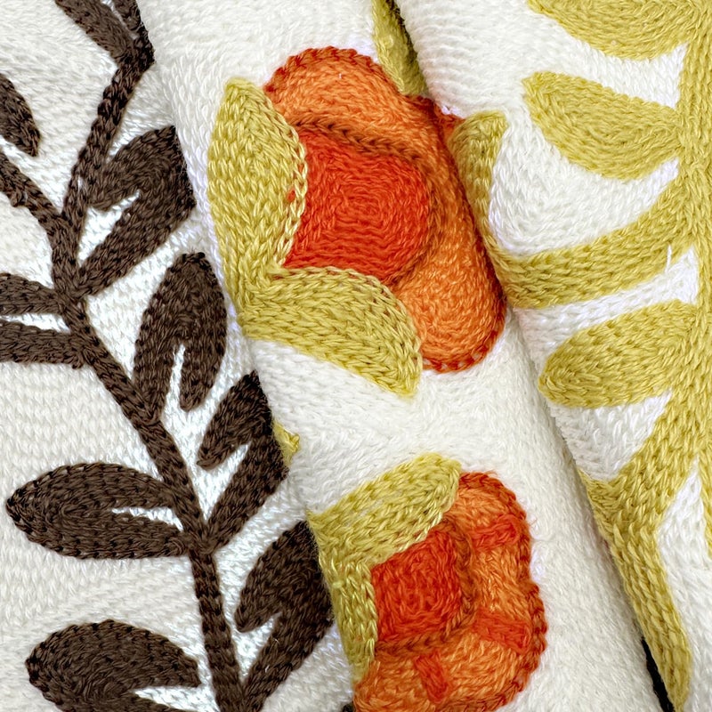 Alysheer Floral Embroidered Fall Decorative Throw Pillow Cover 18"x 18", Farmhouse Cottage Orange Flowers Brown Leaves Knit Pattern Cotton Canvas Cushion Case for Sofa Couch Bed Living Room Decor - Image 4