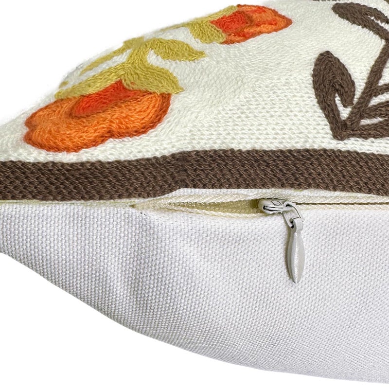 Alysheer Floral Embroidered Fall Decorative Throw Pillow Cover 18"x 18", Farmhouse Cottage Orange Flowers Brown Leaves Knit Pattern Cotton Canvas Cushion Case for Sofa Couch Bed Living Room Decor - Image 5