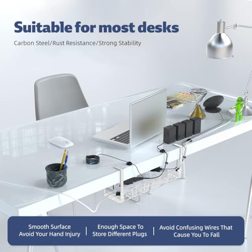 OFIFO ® No Drill Hanging Under Desk Cable Management Tray, Space-Saving Rack, Sturdy Metal Wire Organizer Basket for Office and Home Standing Desk, 40x13x15cm (White) - Image 3