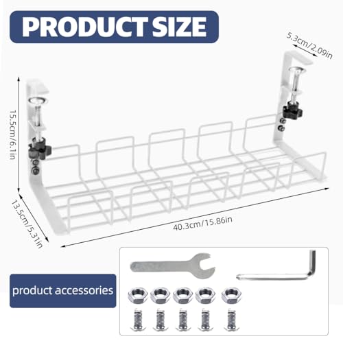 OFIFO ® No Drill Hanging Under Desk Cable Management Tray, Space-Saving Rack, Sturdy Metal Wire Organizer Basket for Office and Home Standing Desk, 40x13x15cm (White) - Image 2