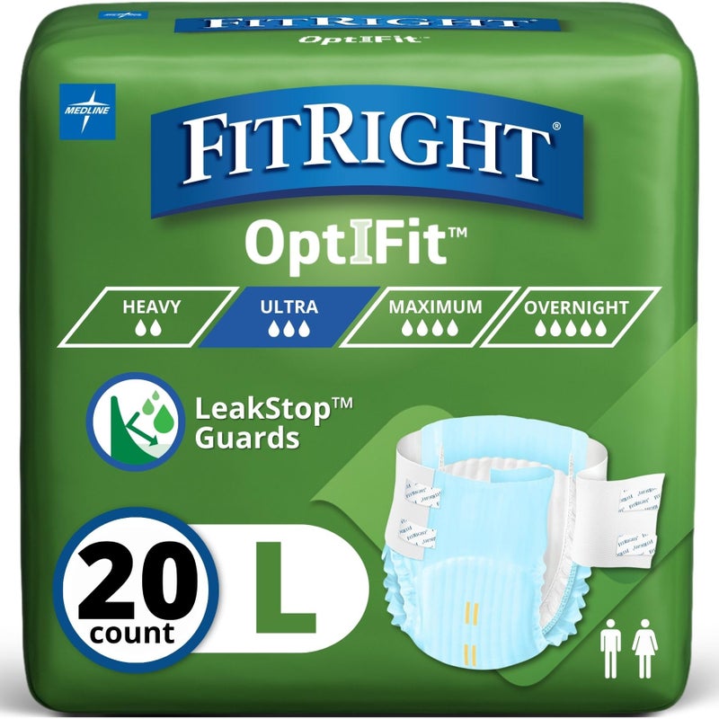 FitRight Adult Diapers, Ultra Heavy Absorbency, L (Waist Size 44in-56in), 20 Count, OptiFit Incontinence Briefs for Men and Women, Disposable, Moisture-Wicking, Leak Protection, - Image 1