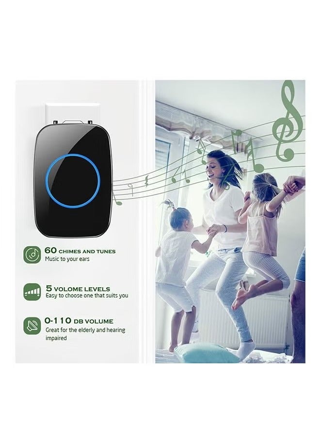 Sthxyfaith Waterproof Wireless Doorbell with UK Plug, 1 Receivers and 2 Transmitter with LED Display, 5 Levels of Volume, 60 Melodies, Cordless Doorbell for Home, Office, Apartment, Hotel, Warehouse and Anti-Theft,Black - Image 3