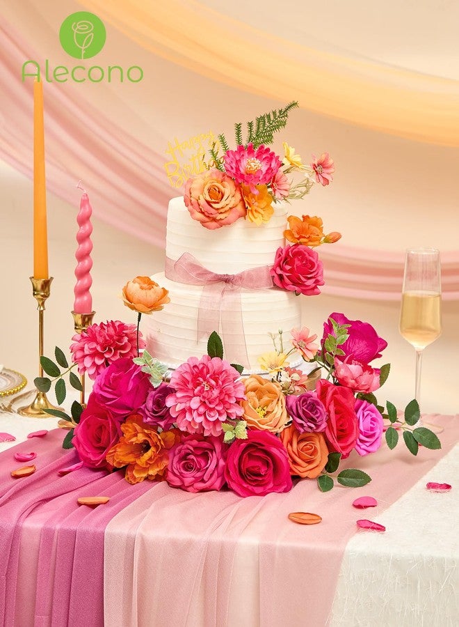Alecono Artificial Flowers, Orange and Hot Pink Silk Fake Flowers for DIY Wedding Bouquets, Cake Flowers for Table Centerpieces Party Home Decorations - Image 2