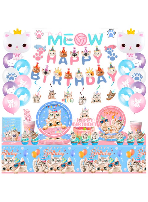 Cat Birthday Party Decorations for 16 Guests, Cat Party Disposable Tableware Set Kitten Birthday Party Balloons Banner Cat Party Plates Cups Napkins Tablecloth