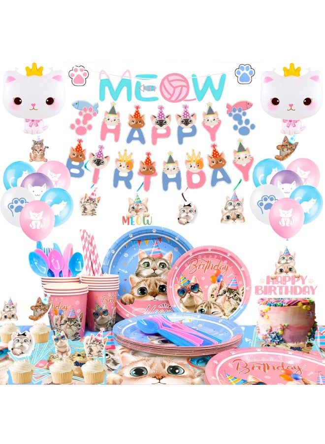 FRUITFUL PARTY Cat Birthday Party Decorations for 16 Guests, Cat Party Disposable Tableware Set Kitten Birthday Party Balloons Banner Cat Party Plates Cups Napkins Tablecloth - Image 1