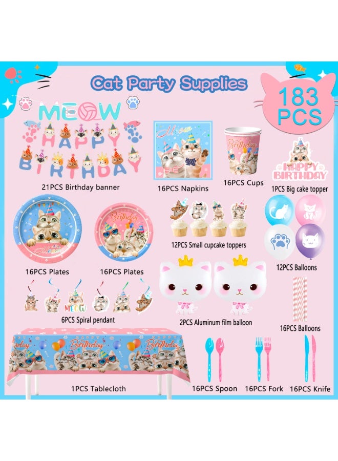 FRUITFUL PARTY Cat Birthday Party Decorations for 16 Guests, Cat Party Disposable Tableware Set Kitten Birthday Party Balloons Banner Cat Party Plates Cups Napkins Tablecloth - Image 2