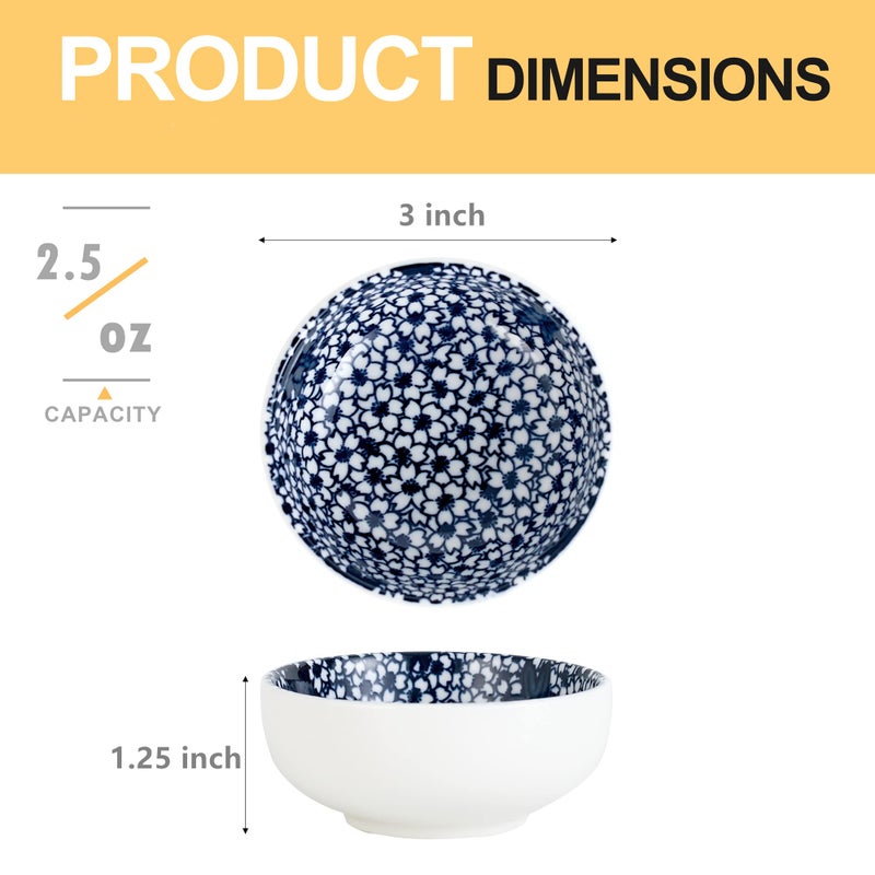 Swuut Ceramic Dipping Bowls 3 Inch Pinch Bowls Set Side Sauce Cups Dishes for Sushi Snack and Soy BBQ 2.5 Oz Blue and White Mini Bowls for Kitchen Prep - Set of 6 - Image 2
