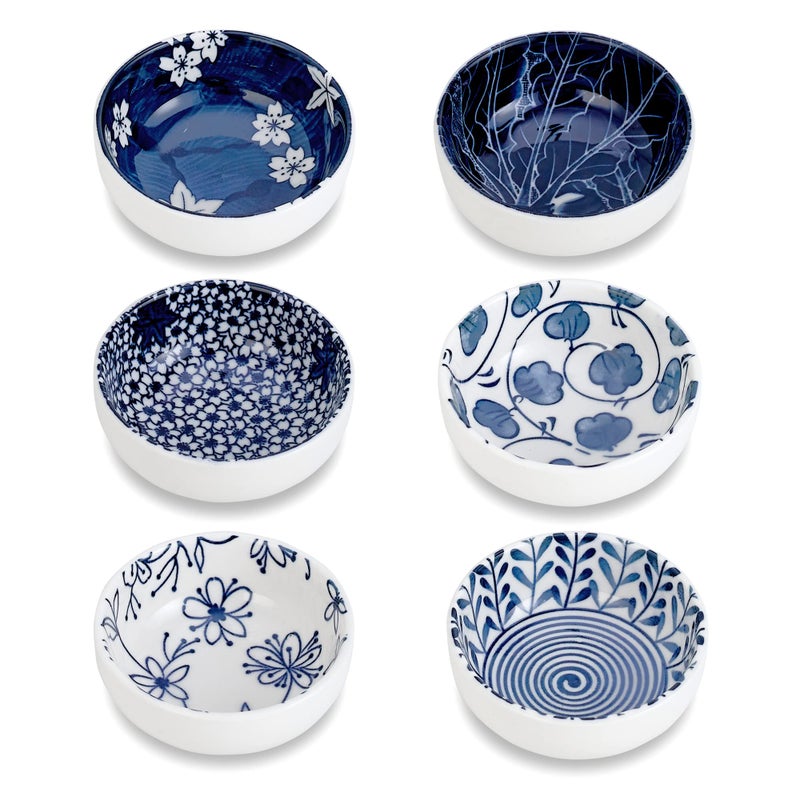 Swuut Ceramic Dipping Bowls 3 Inch Pinch Bowls Set Side Sauce Cups Dishes for Sushi Snack and Soy BBQ 2.5 Oz Blue and White Mini Bowls for Kitchen Prep - Set of 6 - Image 1