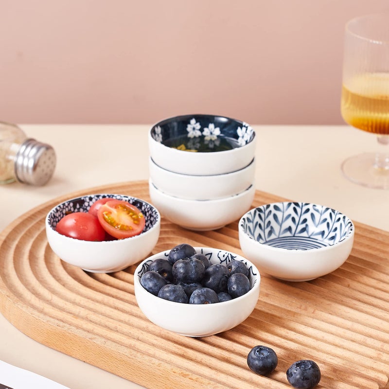 Swuut Ceramic Dipping Bowls 3 Inch Pinch Bowls Set Side Sauce Cups Dishes for Sushi Snack and Soy BBQ 2.5 Oz Blue and White Mini Bowls for Kitchen Prep - Set of 6 - Image 4