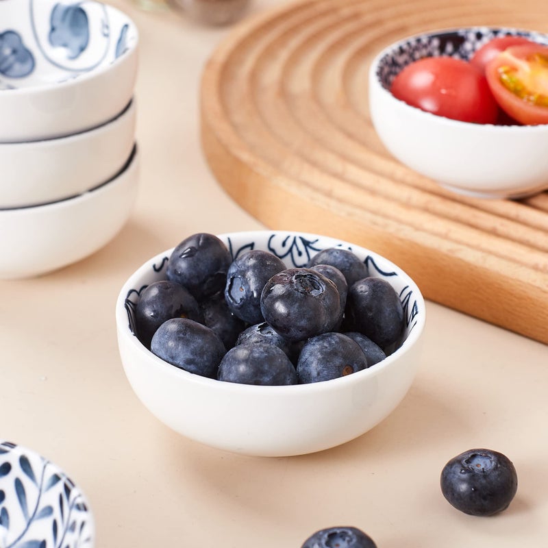 Swuut Ceramic Dipping Bowls 3 Inch Pinch Bowls Set Side Sauce Cups Dishes for Sushi Snack and Soy BBQ 2.5 Oz Blue and White Mini Bowls for Kitchen Prep - Set of 6 - Image 5