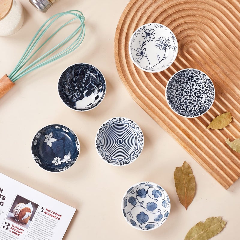 Swuut Ceramic Dipping Bowls 3 Inch Pinch Bowls Set Side Sauce Cups Dishes for Sushi Snack and Soy BBQ 2.5 Oz Blue and White Mini Bowls for Kitchen Prep - Set of 6 - Image 3