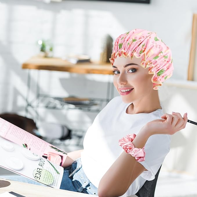 PrettyDate 3 Packs Double layer Shower Cap Waterproof Elastic Bath Cap for Women Shower Spa Salon