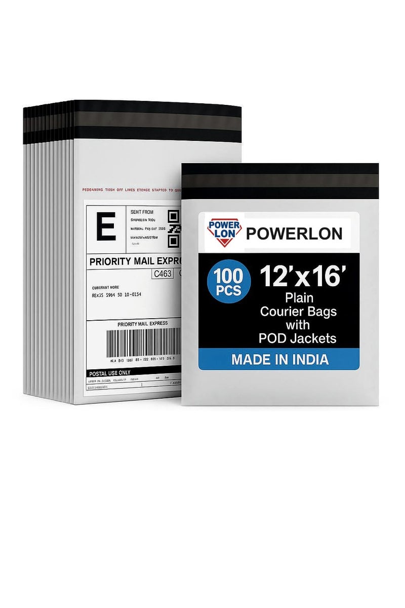 POWERLON Tamper Proof(Size-12x16) Plastic Courier Packing Bag with Pod - 55 Microns Ecommerce Packaging, Envelopes, Pouches & Covers, White and Black, Pack of 100 Pcs - Image 1