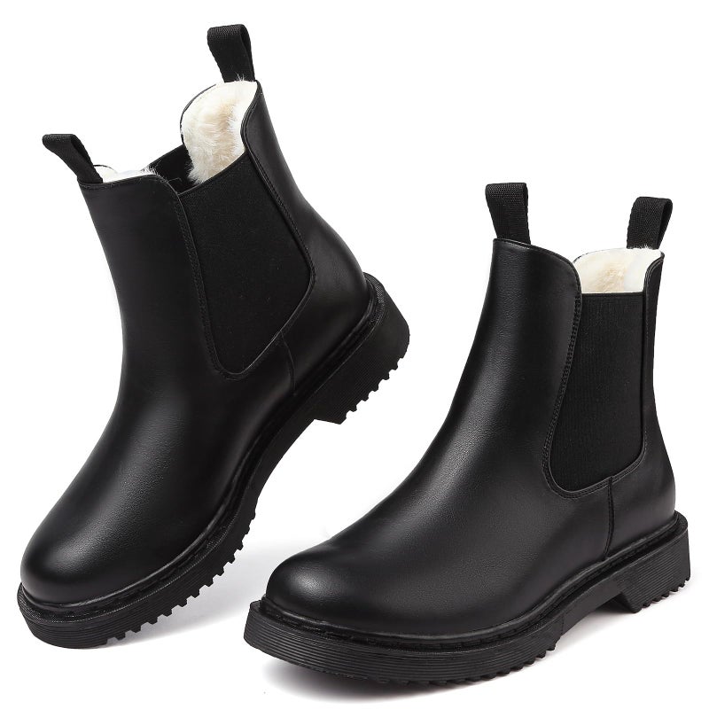 ziitop Womens Chelsea Boots Warm Fur Lined Winter Boot Women Lug Sole Combat Mid Calf Slip On Chunky Ankle Booties - Image 1