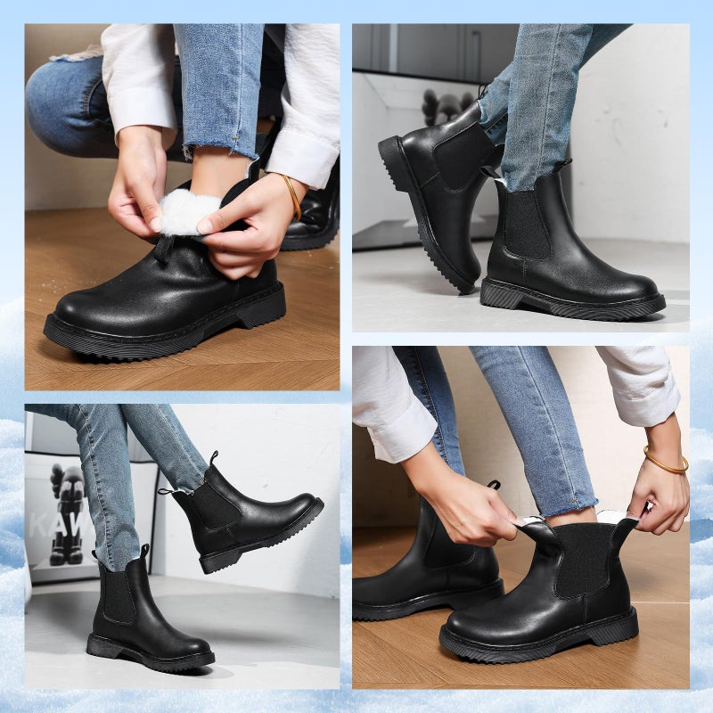 ziitop Womens Chelsea Boots Warm Fur Lined Winter Boot Women Lug Sole Combat Mid Calf Slip On Chunky Ankle Booties - Image 2
