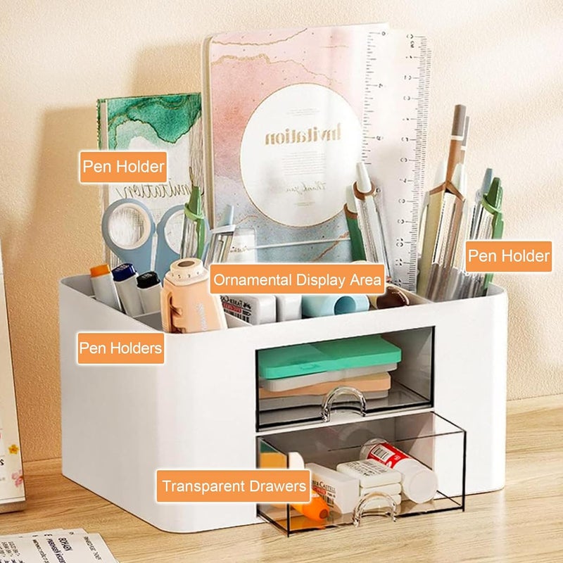 COMFYROOM Desk Organizer with 4 Compartments and 2 Drawers, Pen Holder for Desktop Storage, Makeup Organizer, Desk Organization and Accessories for School, Home, Office Supplies (White) - Image 5