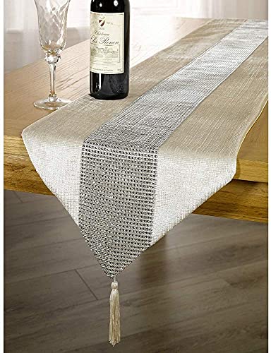 OZXCHIXU 13inch x 72inch Table Runner with Diamante Strip and Tassels Beige