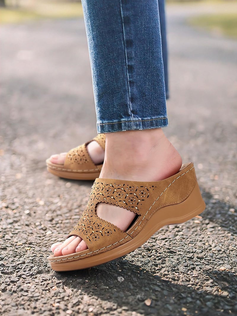 SHIBEVER Wedge Sandals for Women Dressy: Summer Brown Slip On Womens Size 8 - Slide Comfortable Wedges Platform Sandals - Image 2