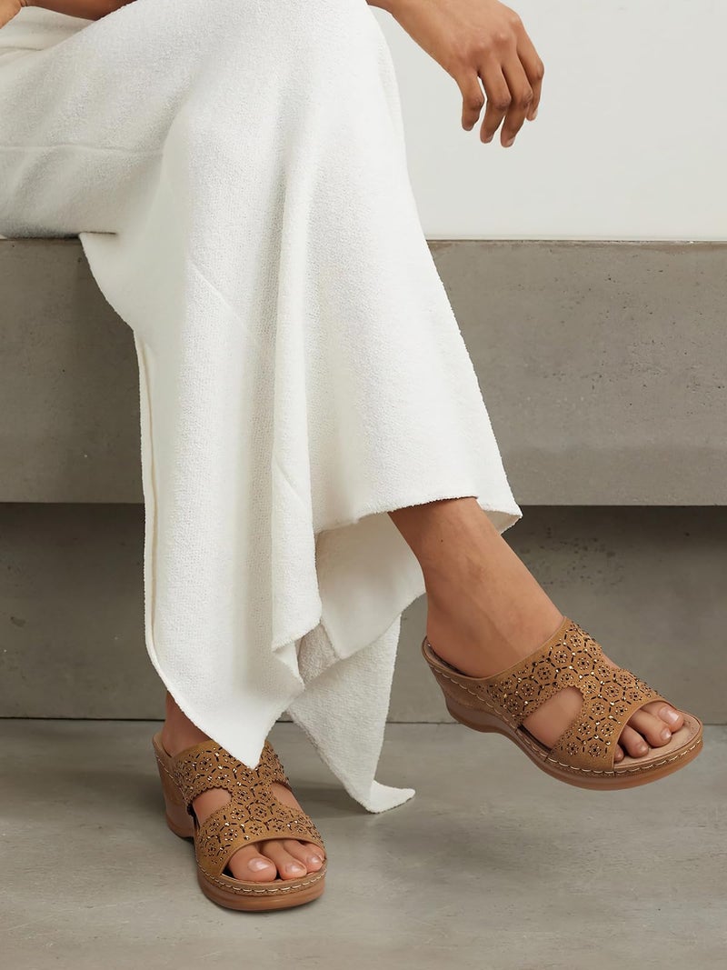 SHIBEVER Wedge Sandals for Women Dressy: Summer Brown Slip On Womens Size 8 - Slide Comfortable Wedges Platform Sandals - Image 4