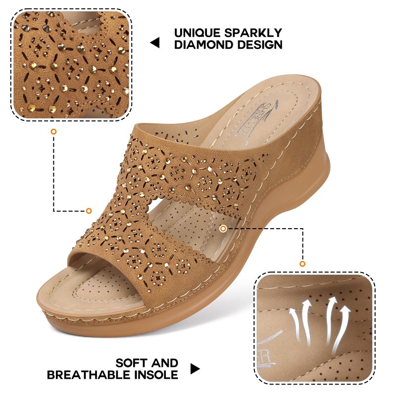 SHIBEVER Wedge Sandals for Women Dressy: Summer Brown Slip On Womens Size 8 - Slide Comfortable Wedges Platform Sandals - Image 5