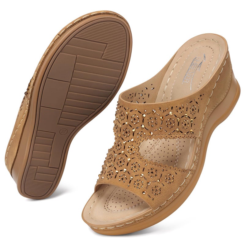 SHIBEVER Wedge Sandals for Women Dressy: Summer Brown Slip On Womens Size 8 - Slide Comfortable Wedges Platform Sandals - Image 3