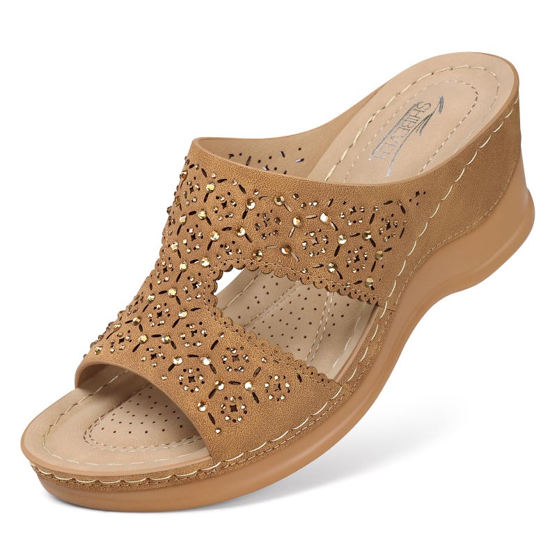 SHIBEVER Wedge Sandals for Women Dressy: Summer Brown Slip On Womens Size 8 - Slide Comfortable Wedges Platform Sandals - Image 1