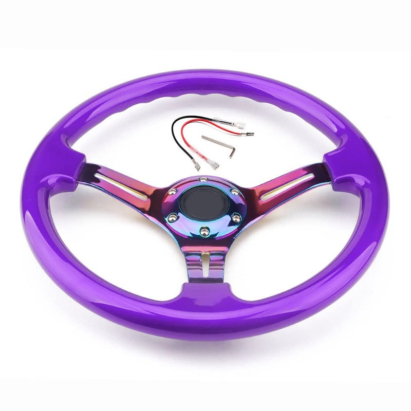 350mm 14 Racing Sport Steering Wheel Drifting Deep Dish 6 Bolts Purple Classic ABS Steering Wheel with Neo Chrome Spoke and Horn Button