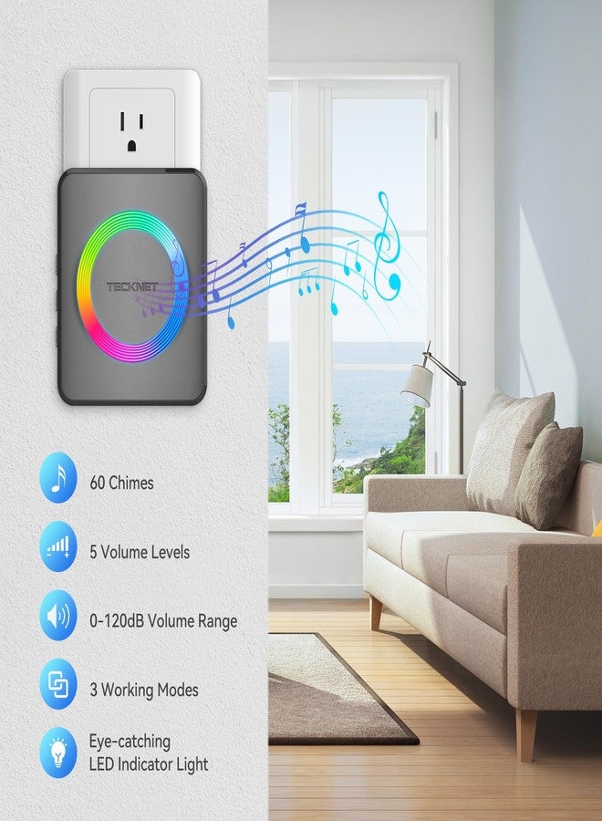 TECKNET Wireless Doorbells for Home, IP65 Waterproof 1,970Ft 120dB Door Bell Ringer Wireless for Classroom with 60 Chimes & 5 Volume Levels, RGB Flash - Image 2