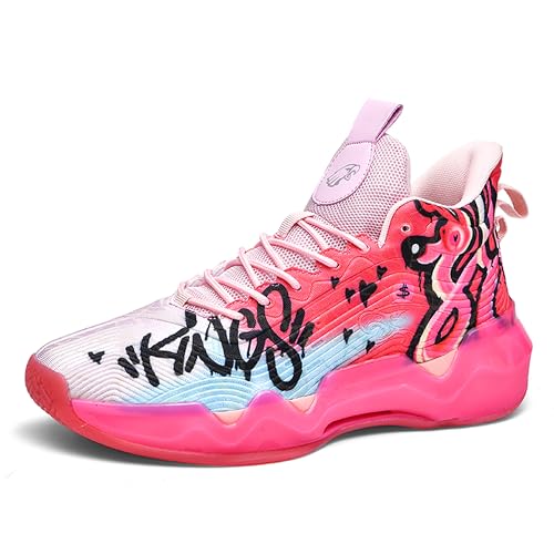 BEMYGREENBAG Men's High-Top Basketball Shoes with Wear-Resistant and Anti-Slip Soles Running Shoes with Graffiti Design Fashionable Sports Shoes Pink Size 6.5 - Image 1