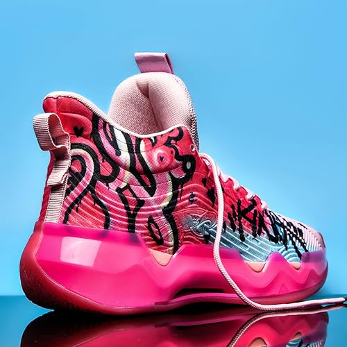 BEMYGREENBAG Men's High-Top Basketball Shoes with Wear-Resistant and Anti-Slip Soles Running Shoes with Graffiti Design Fashionable Sports Shoes Pink Size 6.5 - Image 3