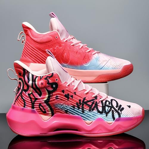 BEMYGREENBAG Men's High-Top Basketball Shoes with Wear-Resistant and Anti-Slip Soles Running Shoes with Graffiti Design Fashionable Sports Shoes Pink Size 6.5 - Image 2