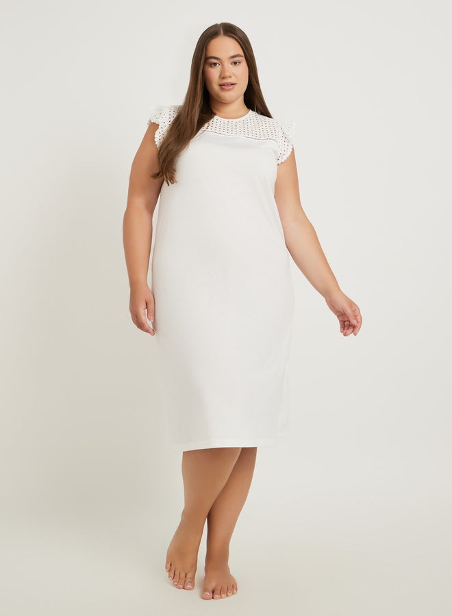 Styli Plus Size Schiffli Yoke Flat Pompom Detail Nightdress - Image 1