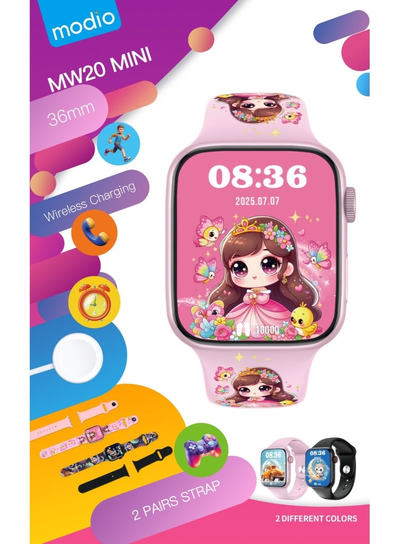 موديو ساعة موديو MW20 ميني الذكية للأطفال بشاشة 36 مم وشحن لاسلكي وحزامين باللون الوردي - Image 2