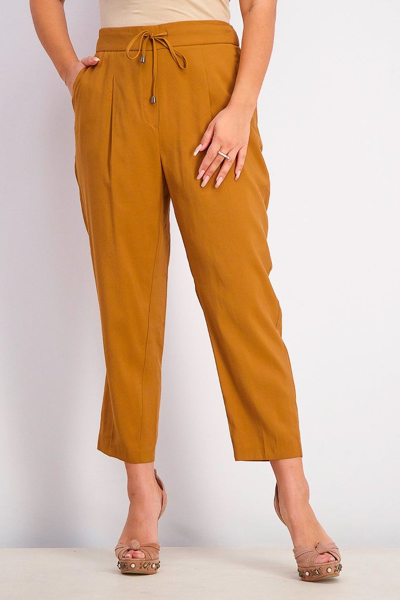 Reserved Women Drawstring Plain Pants, Tan - Image 1