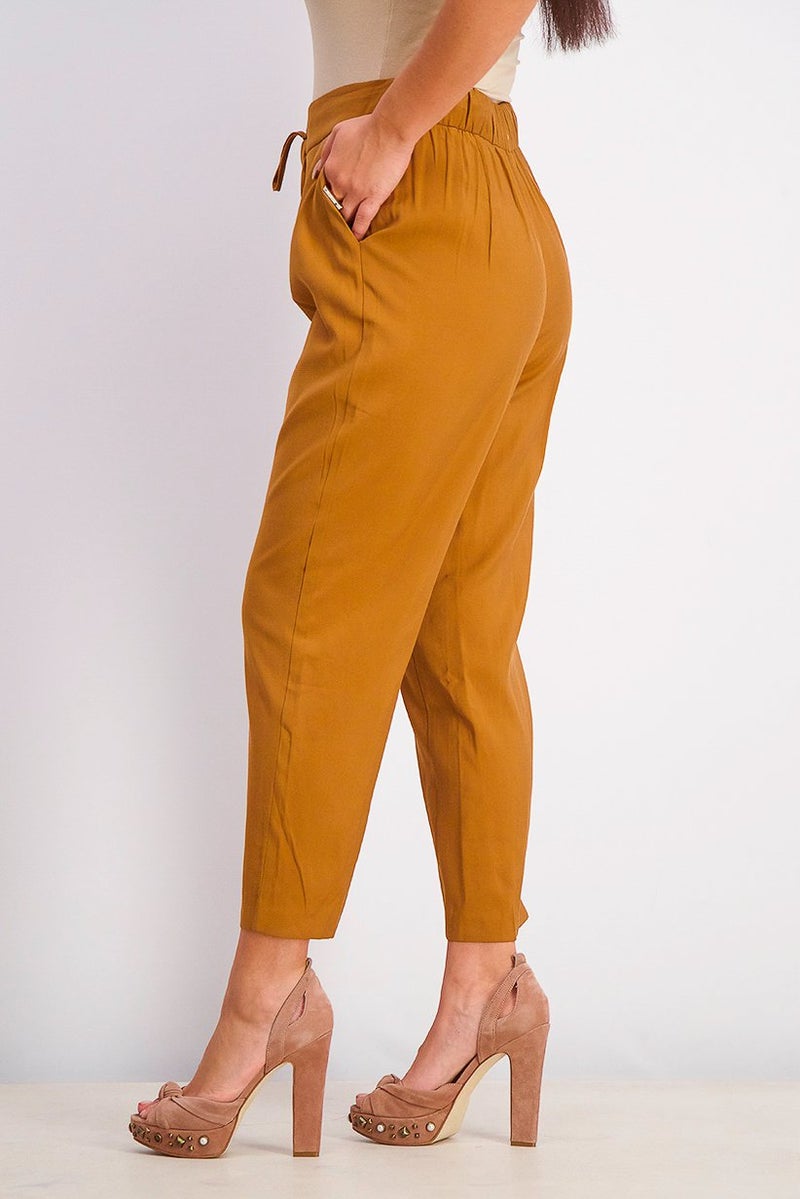 Reserved Women Drawstring Plain Pants, Tan - Image 3