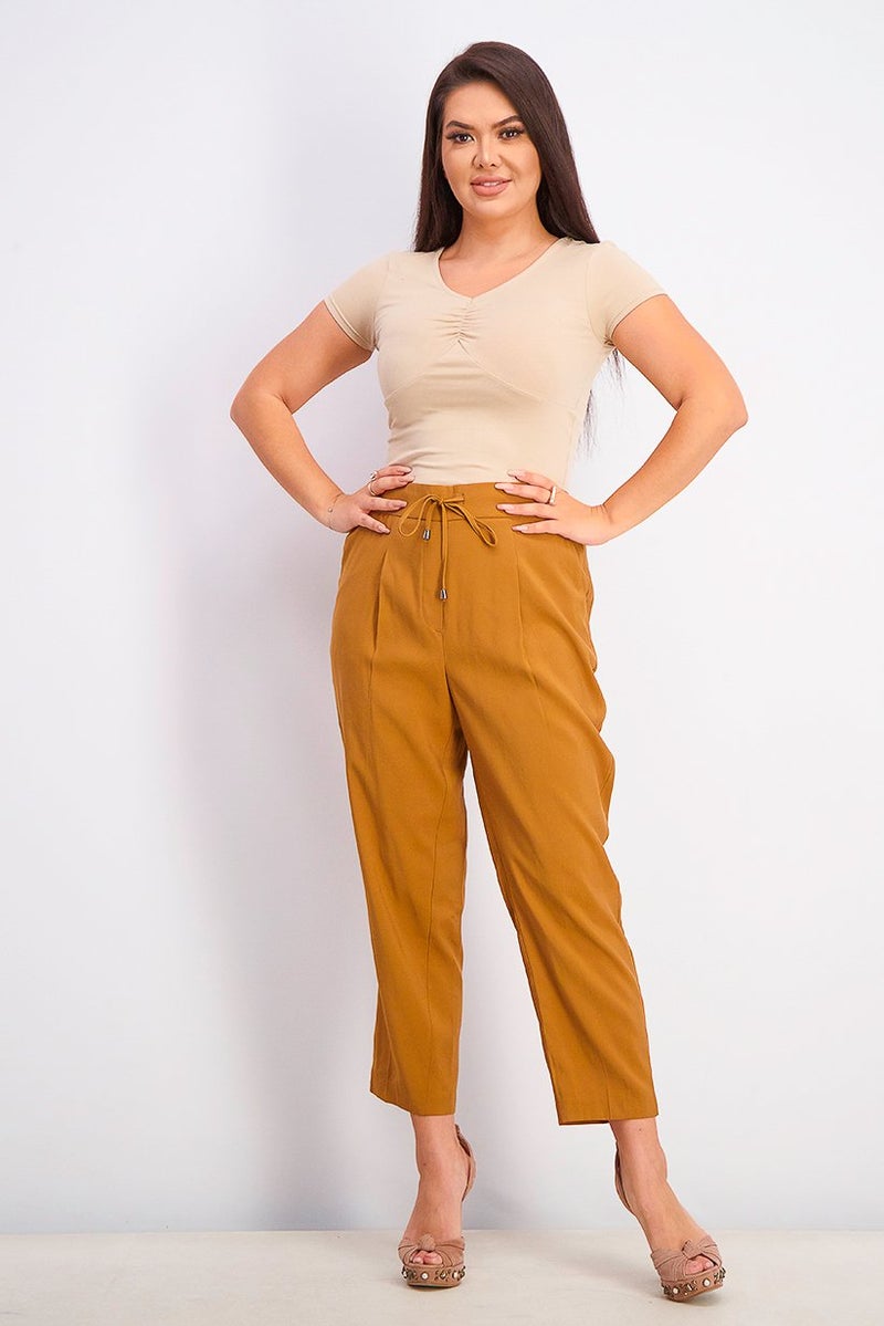 Reserved Women Drawstring Plain Pants, Tan - Image 4