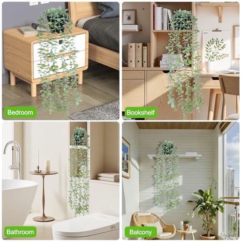 echosari Artificial Hanging Plants, Fake Potted Eucalyptus Faux Hanging Plant, Fake Hanging Plants Indoor for Modern Boho Home Bedroom Shelf Decor - Image 3
