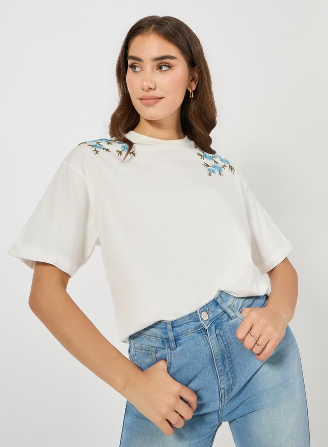 Styli Oversized Placement Embroidery Detail Cotton T-Shirt  - Image 1