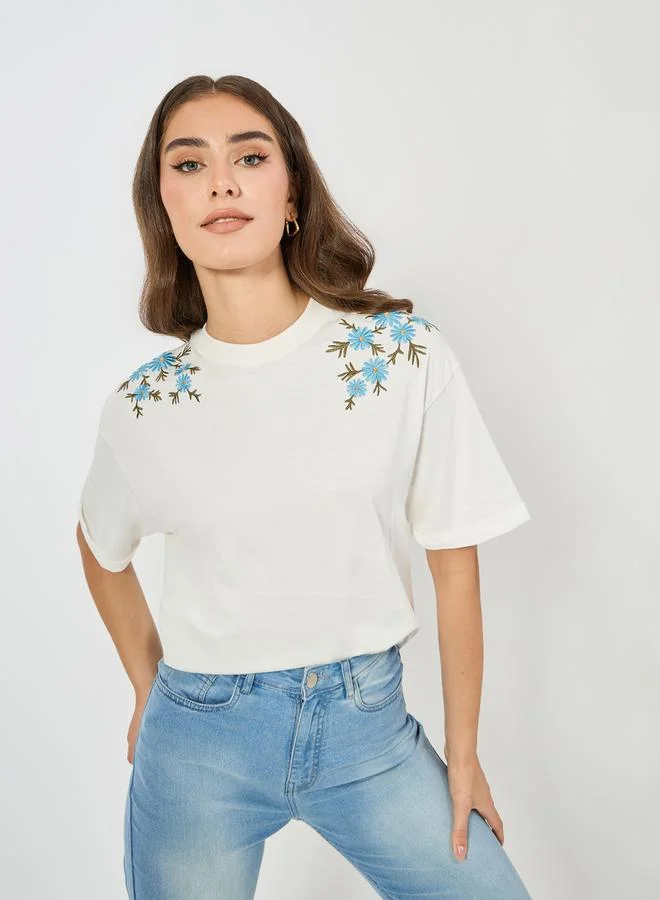 Styli Styli Oversized Placement Embroidery Detail Cotton T-Shirt