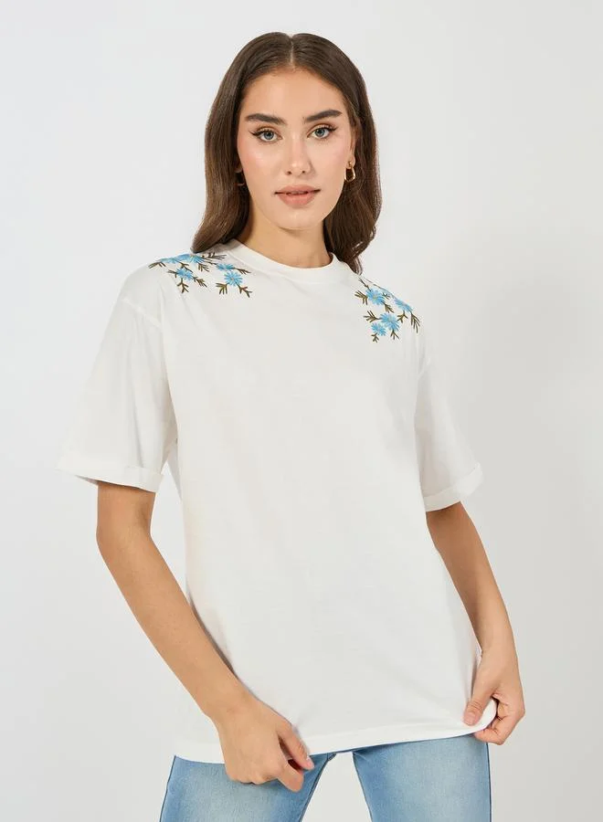 Styli Styli Oversized Placement Embroidery Detail Cotton T-Shirt