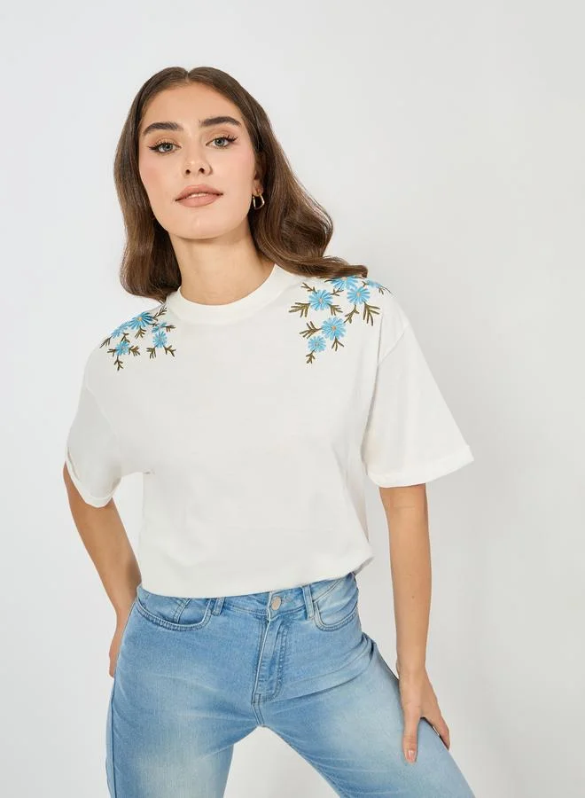 Styli Oversized Placement Embroidery Detail Cotton T-Shirt