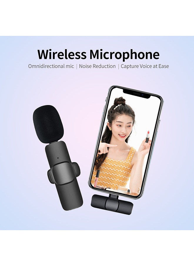 Type-C Wireless Clip-on Microphone Noise Canceling Omnidirectional Silicone Mic with Adapter Compatible with iOS Android Phone, Black