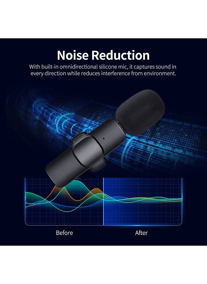 Type-C Wireless Clip-on Microphone Noise Canceling Omnidirectional Silicone Mic with Adapter Compatible with iOS Android Phone, Black