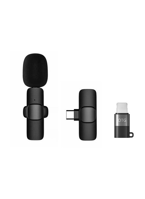 Type-C Wireless Clip-on Microphone Noise Canceling Omnidirectional Silicone Mic with Adapter Compatible with iOS Android Phone, Black