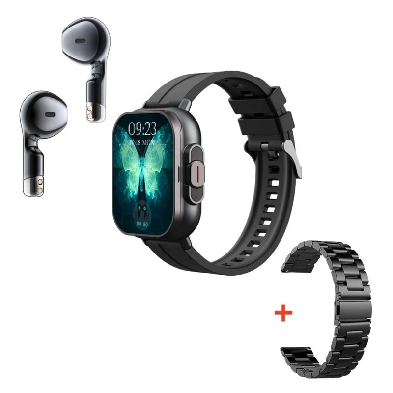 Cross-border hot selling D8 smart watch tws 2-in -1 Bluetooth headset 2-inch full screen touch call music sports Black tape + three-bead steel strip