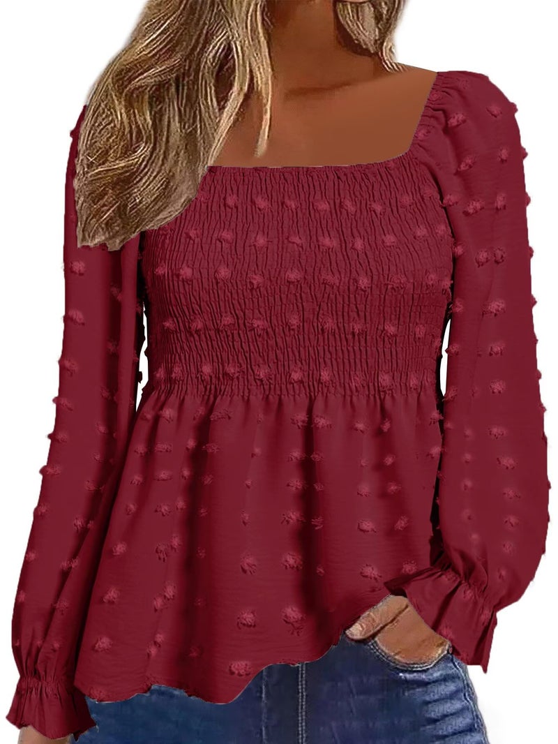 Flamingals Women's Long Sleeve Peplum Blouse Square Neck Cute Elegant Ruffle Smocked Babydoll Shirts Red M - Image 1
