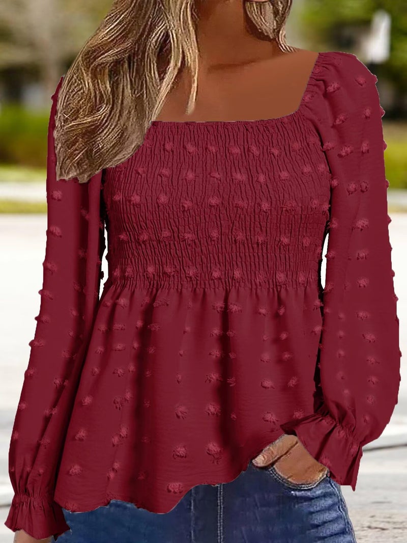 Flamingals Women's Long Sleeve Peplum Blouse Square Neck Cute Elegant Ruffle Smocked Babydoll Shirts Red M - Image 2