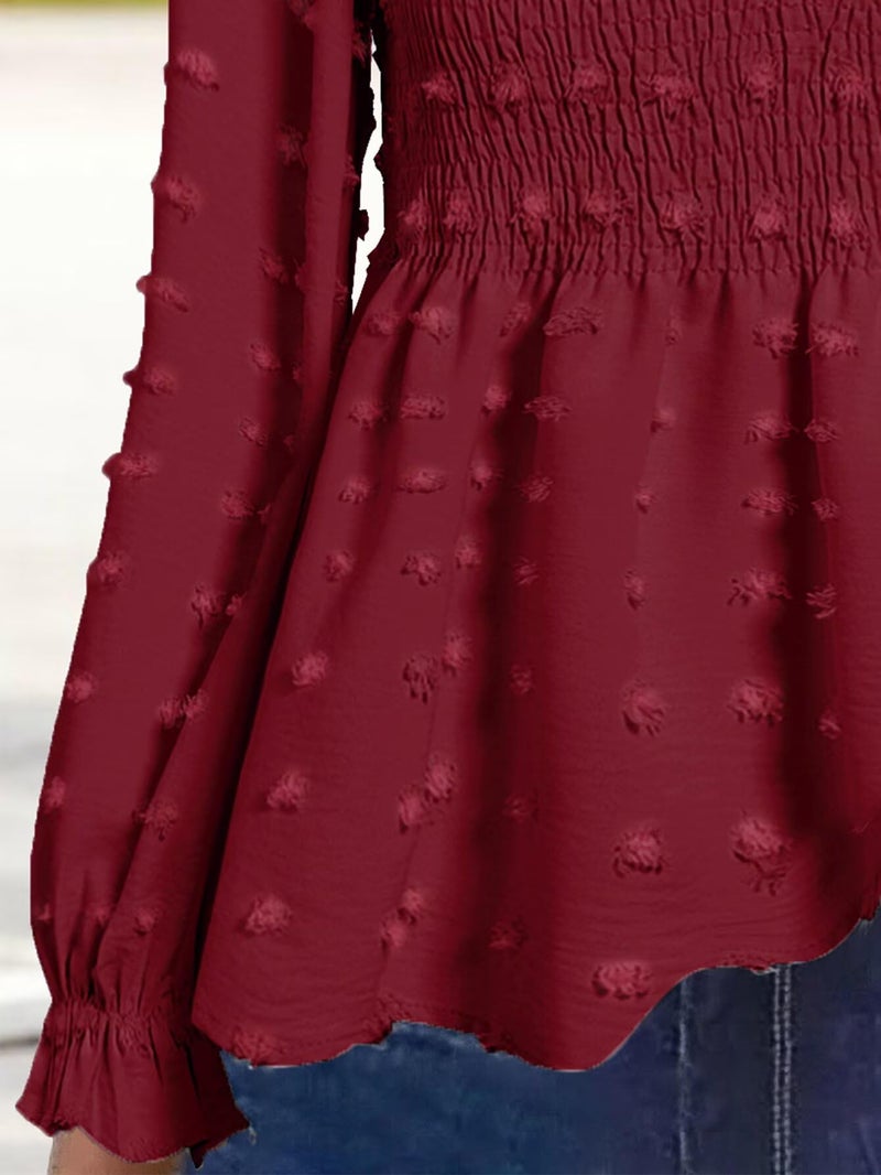 Flamingals Women's Long Sleeve Peplum Blouse Square Neck Cute Elegant Ruffle Smocked Babydoll Shirts Red M - Image 4