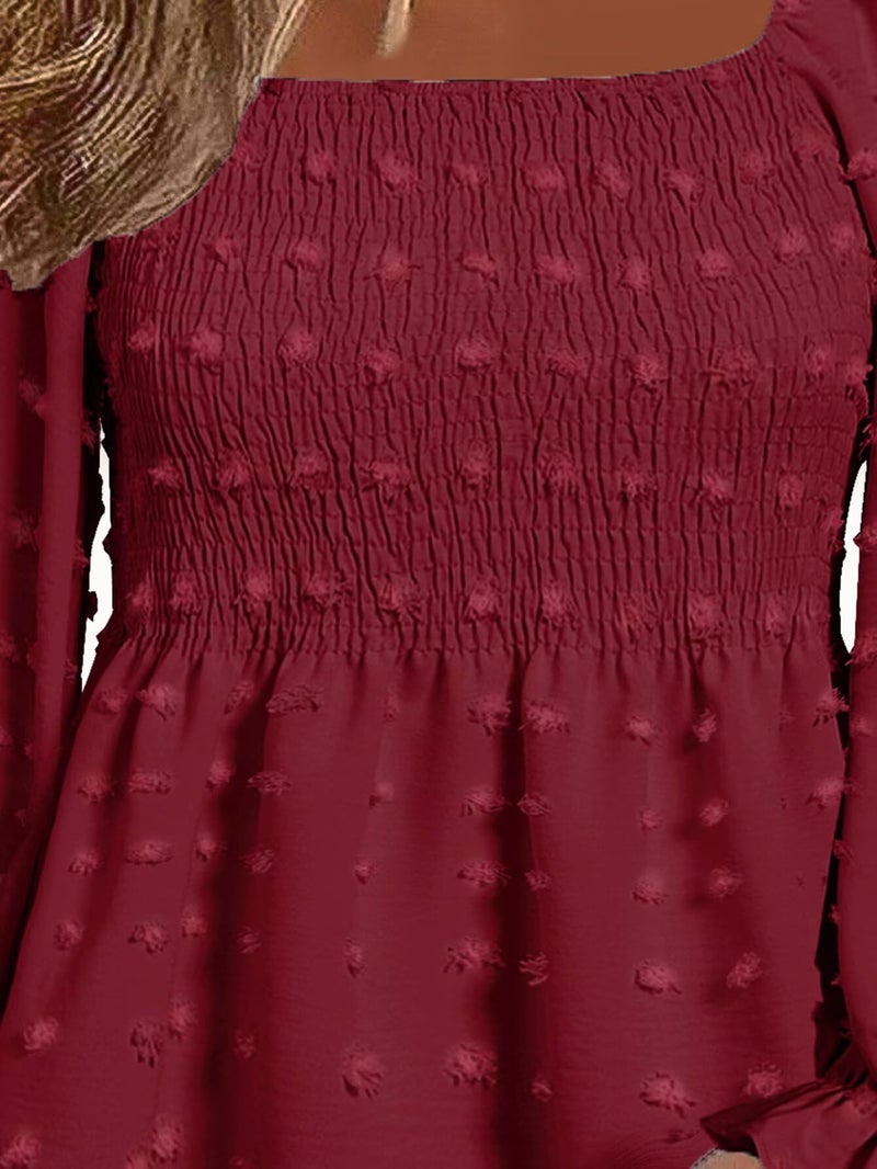 Flamingals Women's Long Sleeve Peplum Blouse Square Neck Cute Elegant Ruffle Smocked Babydoll Shirts Red M - Image 5